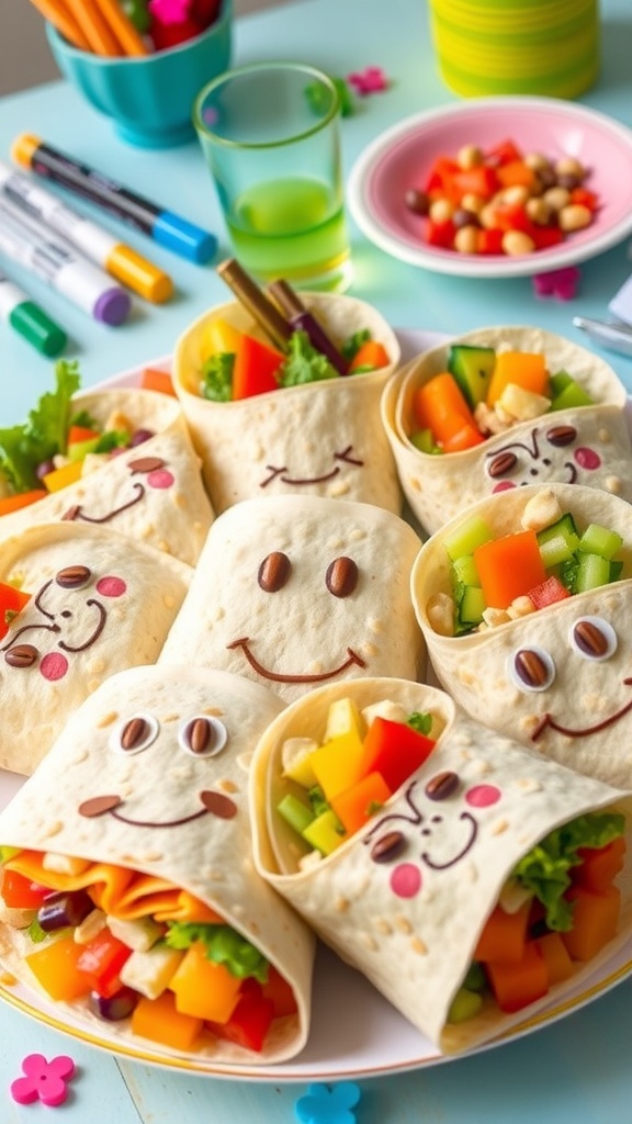 A colorful assortment of kawaii tortilla wraps with cute faces, filled with vegetables and proteins on a cheerful platter.